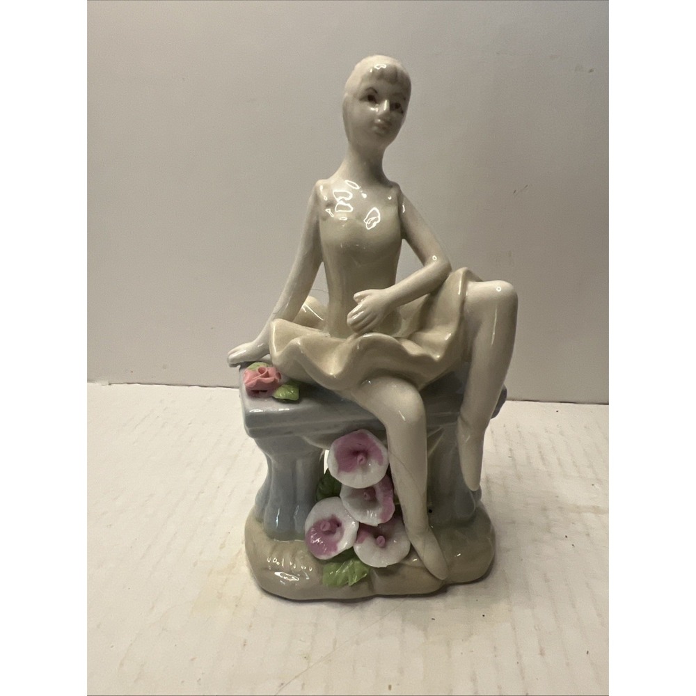 Vintage Porcelain Ballerina Figurine Seated on Bench Flowers Spanish Style